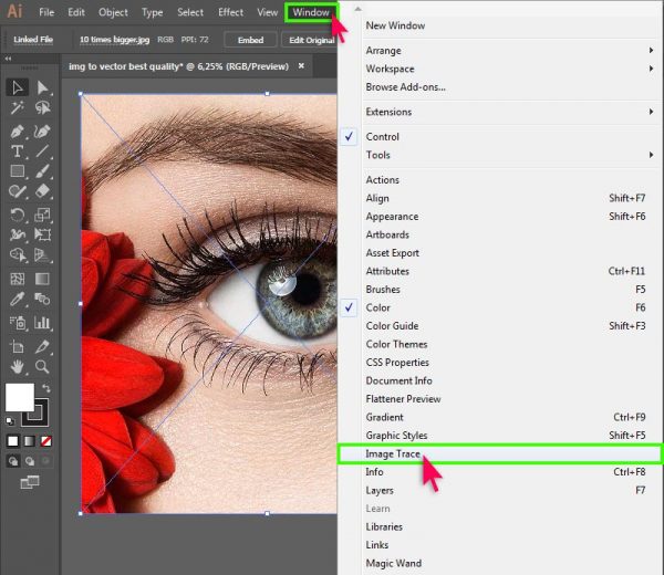11- after that go to Window menu and click Image Trace to show up the ...